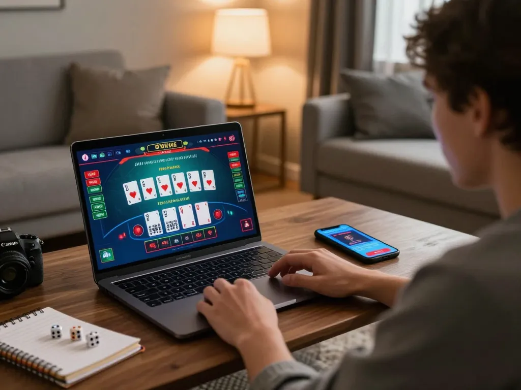 Bet88 player engaged in an online baccarat game on a laptop, illustrating a strategic casino experience at home.