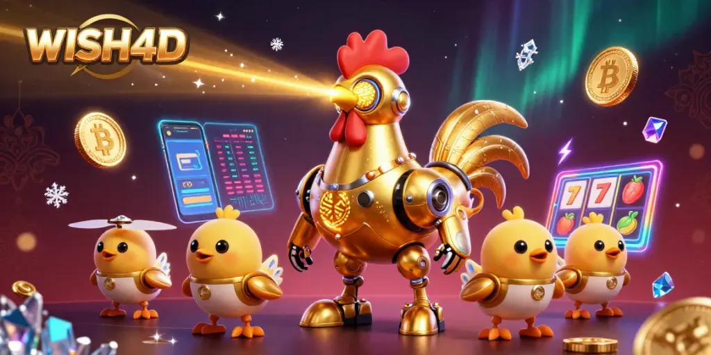 Engage in thrilling gameplay at WISH4D with vibrant illustrations of a retro-futuristic casino experience.