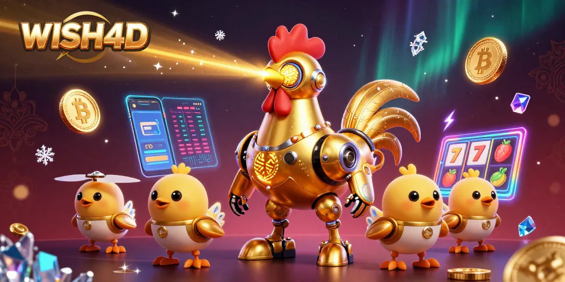 Engage in thrilling gameplay at WISH4D with vibrant illustrations of a retro-futuristic casino experience.