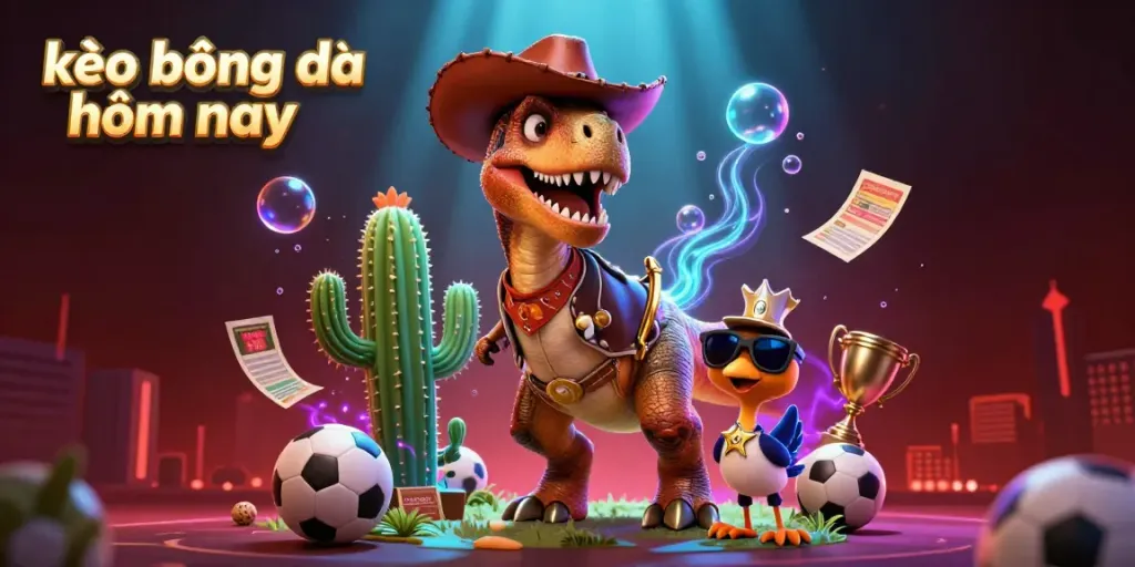 Engage in kèo bóng đá hôm nay with a vibrant 3D illustration showcasing a dynamic betting scene and lively characters.