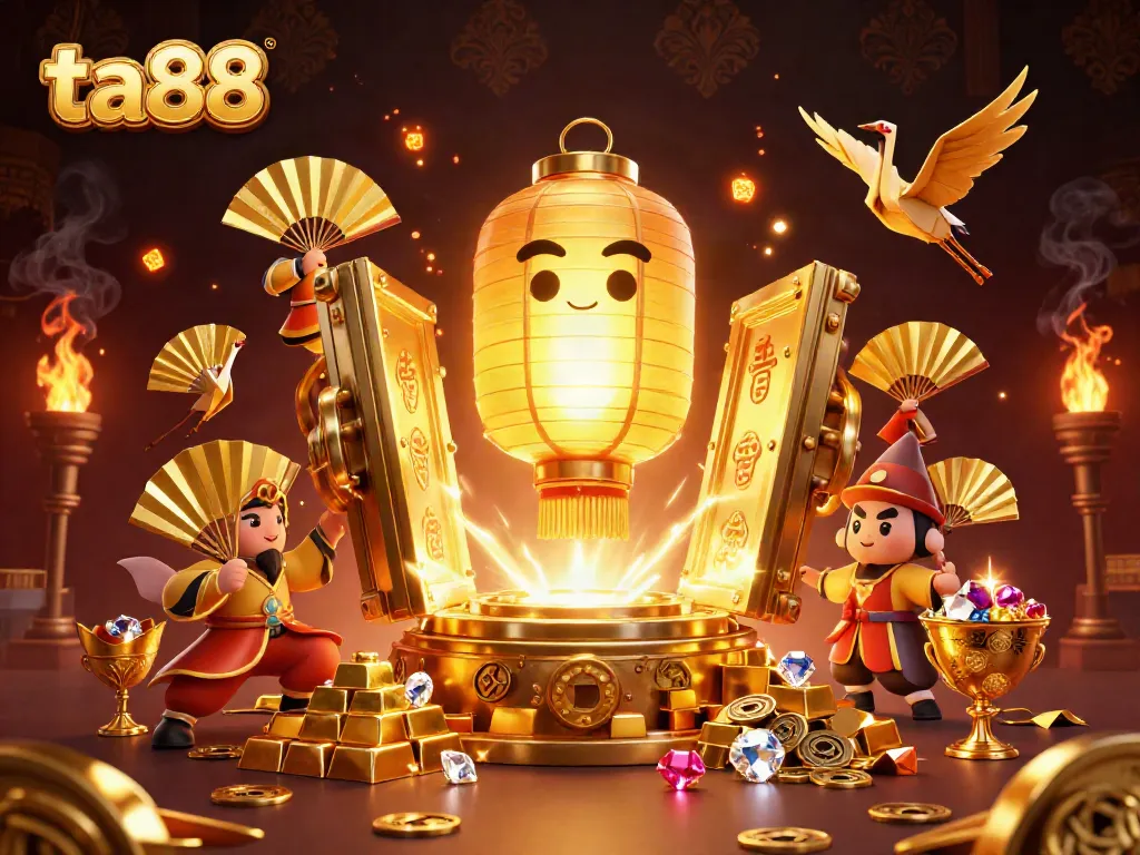 Win big at ta88 with this vibrant casino scene showcasing golden lanterns and rich treasure.
