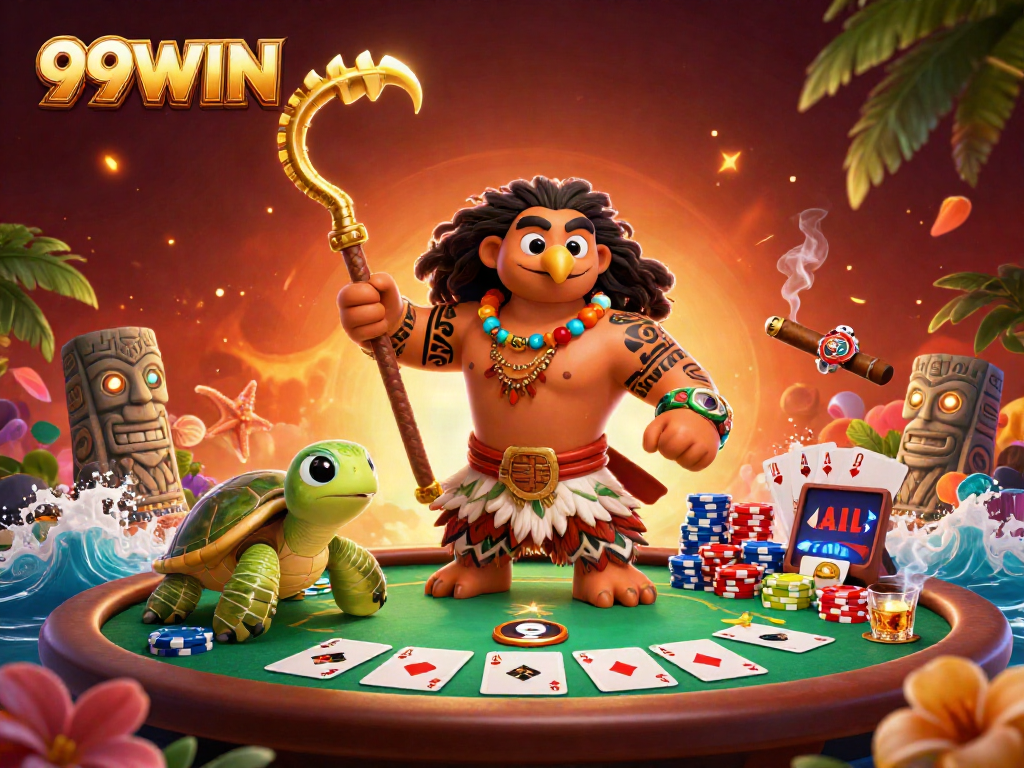Experience thrilling gameplay with 99WIN in a vibrant 3D casino scene showcasing poker elements and colorful characters.