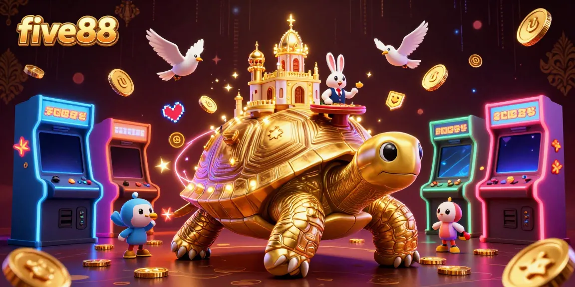 Win big at five88's colorful casino with an enchanting tortoise and rabbit dealer.
