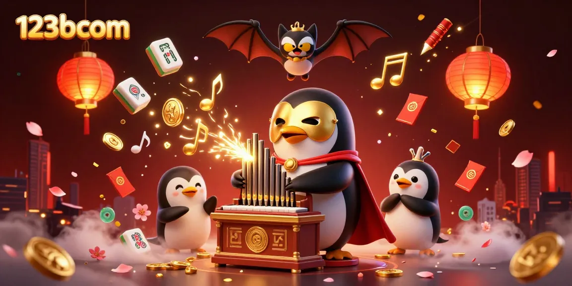 Experience the thrill of 123bcom with a 3D penguin playing an organ amidst golden coins and festive decor.