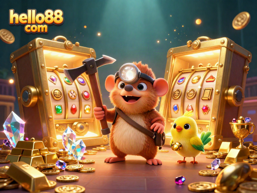 Experience the golden treasures of hello88 com in this vibrant casino-themed adventure scene featuring a treasure hunter mole and shimmering gemstones.