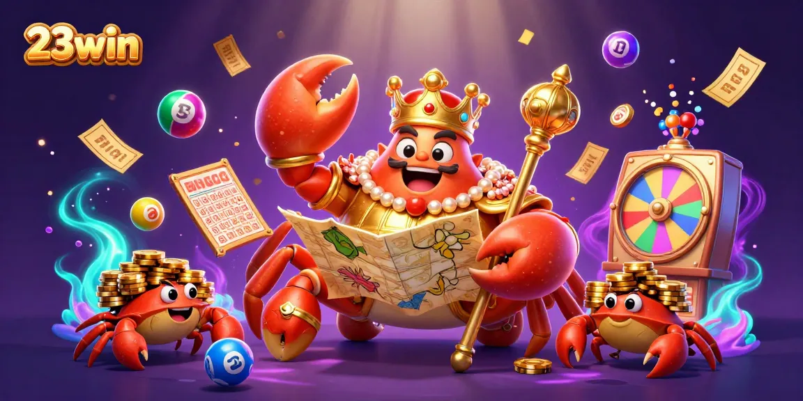 Engage with 23win's vibrant lottery scene featuring a golden crab emperor amidst energetic game elements.