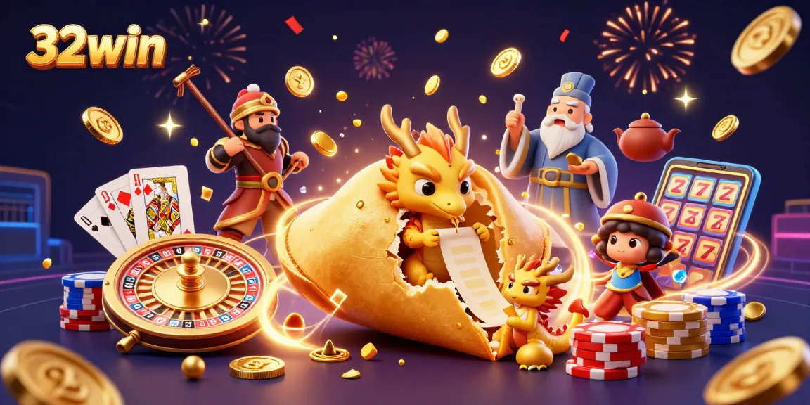 Experience thrilling wins at 32win with a vibrant 3D casino scene filled with riches and excitement.