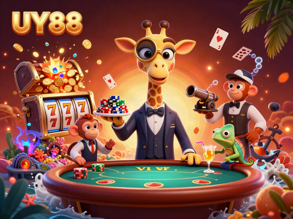 Join the action at UY88 with a vibrant casino atmosphere featuring a giraffe and friends.