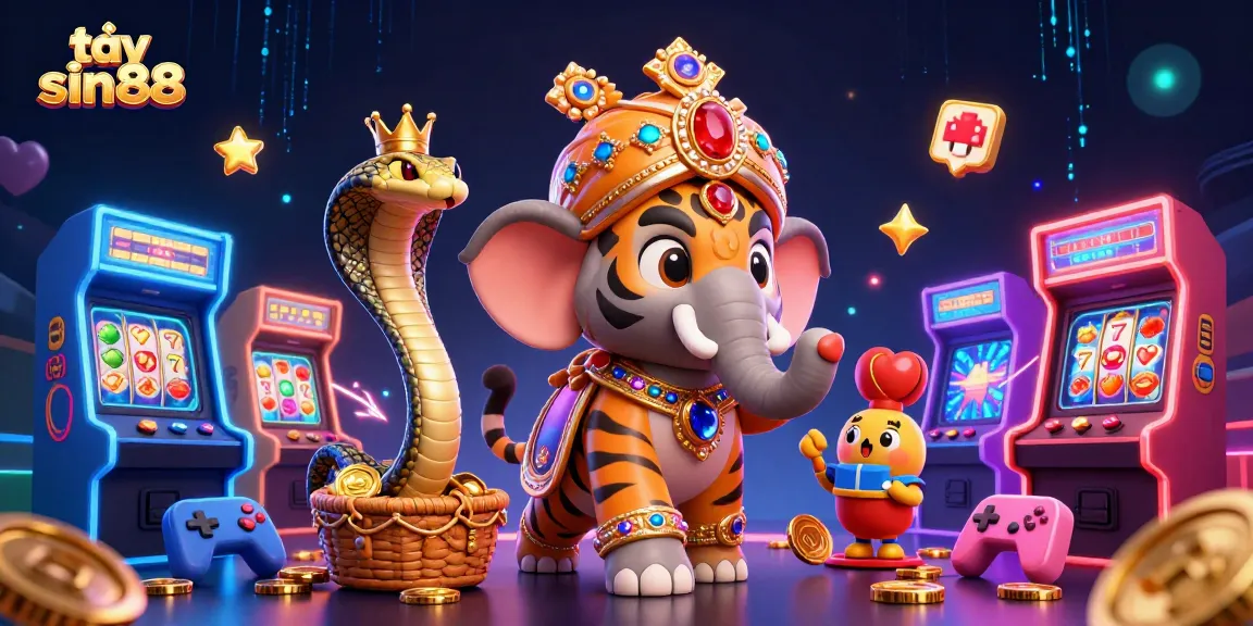 Experience the vibrant magic at tại sin88 with a lively scene of a maharaja tiger and elephant amidst dynamic gaming elements.