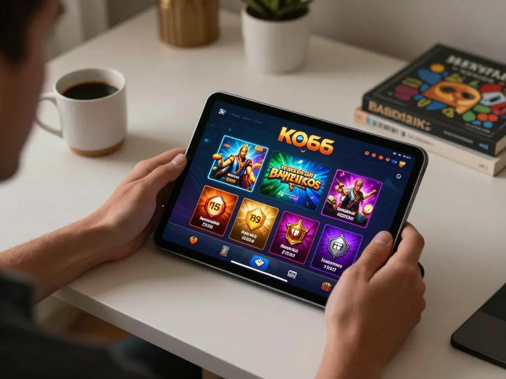 Người chơi tận hưởng ứng dụng casino KO66 trên máy tính bảng trong một thiết lập chơi game thoải mái tại nhà, thể hiện giải trí có trách nhiệm.
