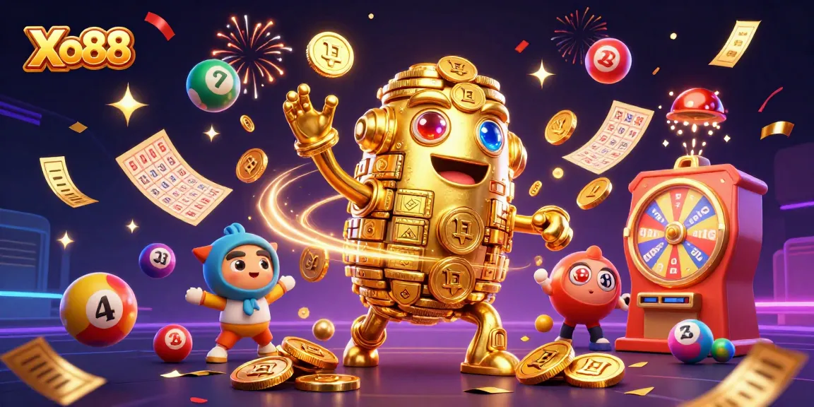 Xo88 illuminates an exciting 3D cartoon scene with a golden golem surrounded by lottery elements showcasing winning potential.