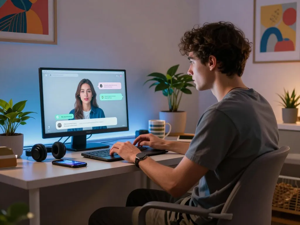 Engaging ai sex chat interaction in a cozy modern workspace.