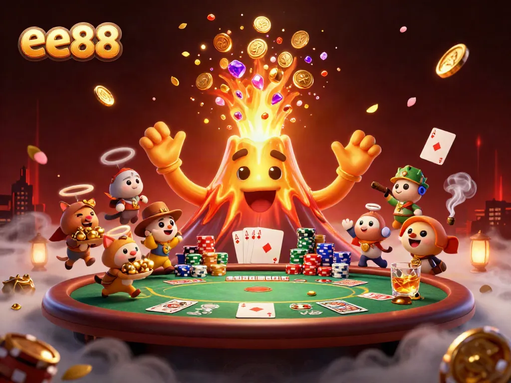 Spin the reels of excitement at ee88 with a triumphant volcanic eruption of treasure in this vibrant casino scene.