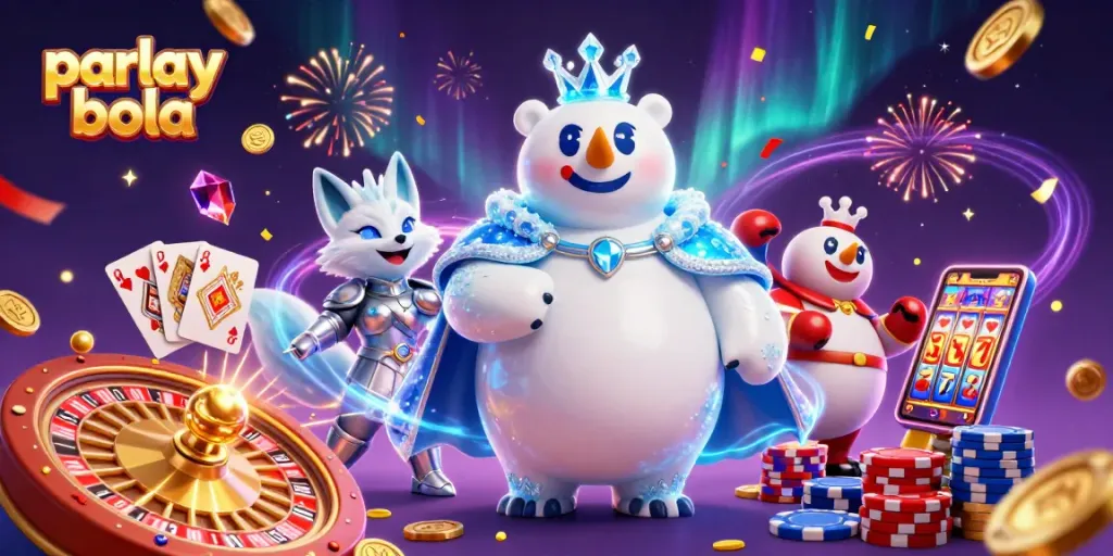 Bet on parlay bola with a vibrant scene featuring an ice king polar bear and a snow fox, rich casino elements.