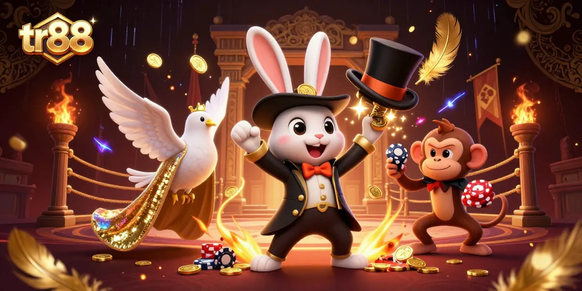 Engage with tr88's thrilling gaming experience featuring a magician, dove, and monkey with poker chips.