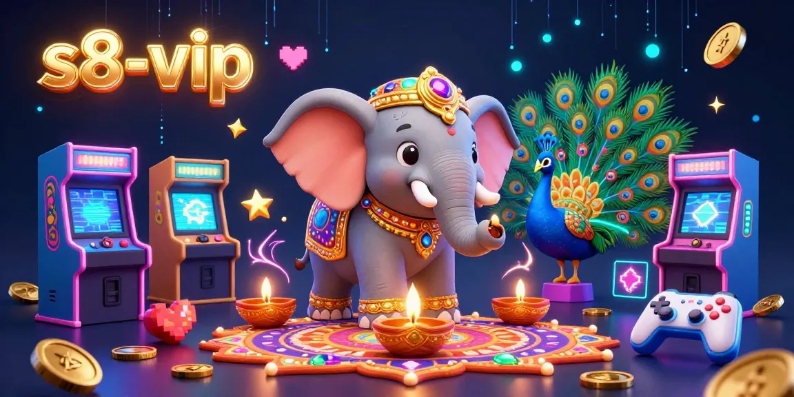 S8-vip brings an immersive casino experience with a colorful 3D illustration featuring an elephant, peacock, and vibrant game elements.