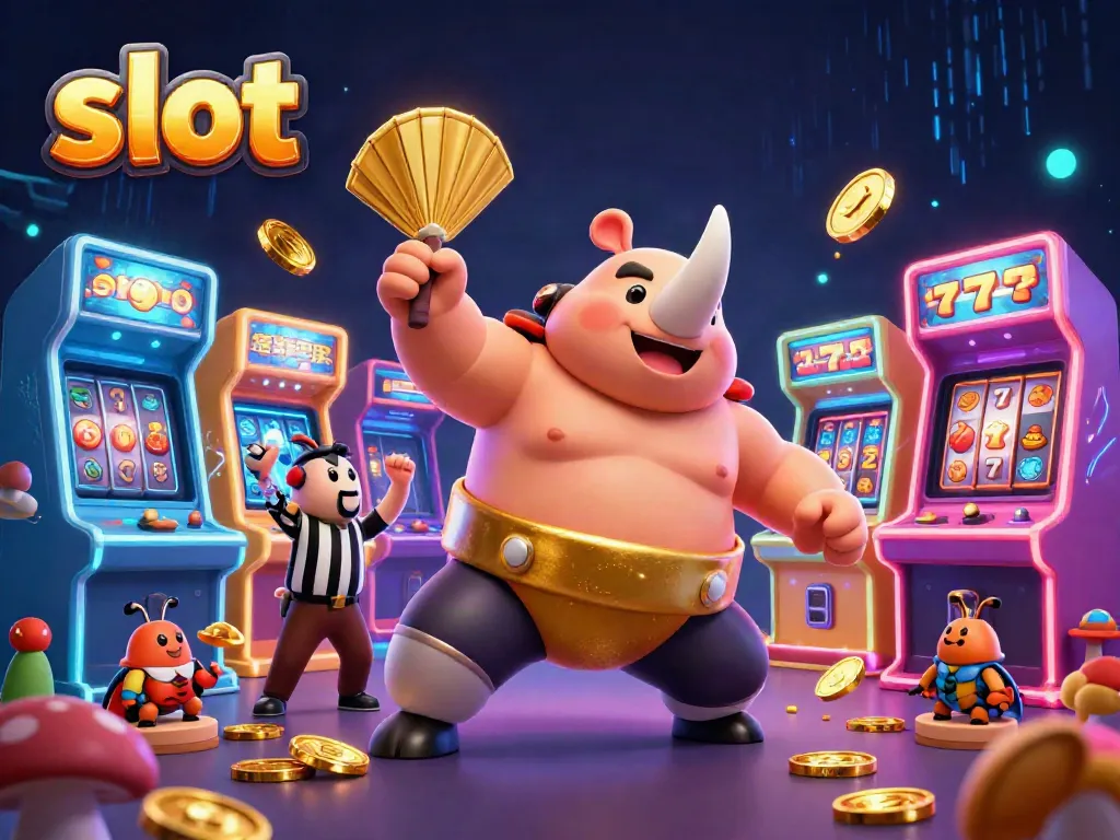 Engaging slot scene featuring a rhinoceros beetle champion celebrating wins, surrounded by colorful casino elements.