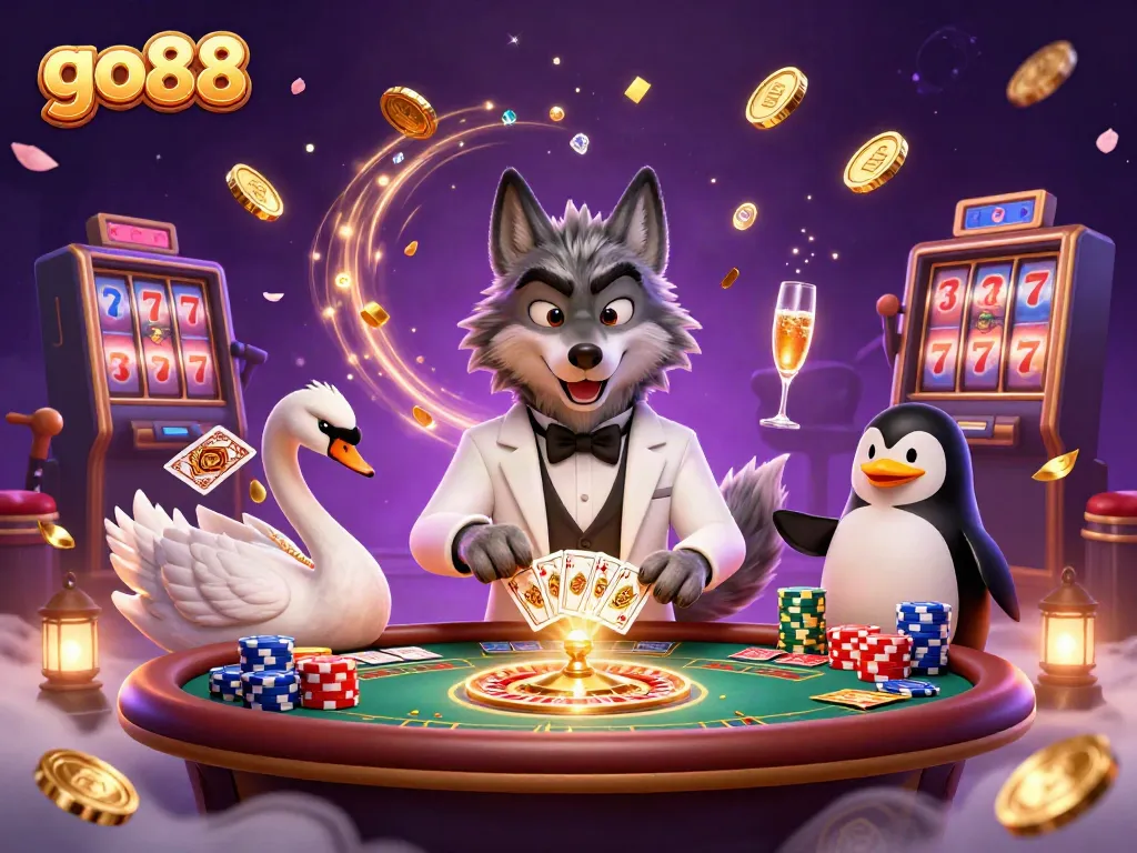 Join the fun at go88 with a whimsical casino scene featuring a wolf, swan, and penguin.
