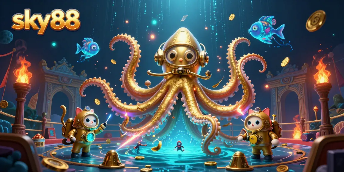 Engage with sky88's thrilling online gaming experience featuring a kraken, a diving cat, and vibrant treasures.