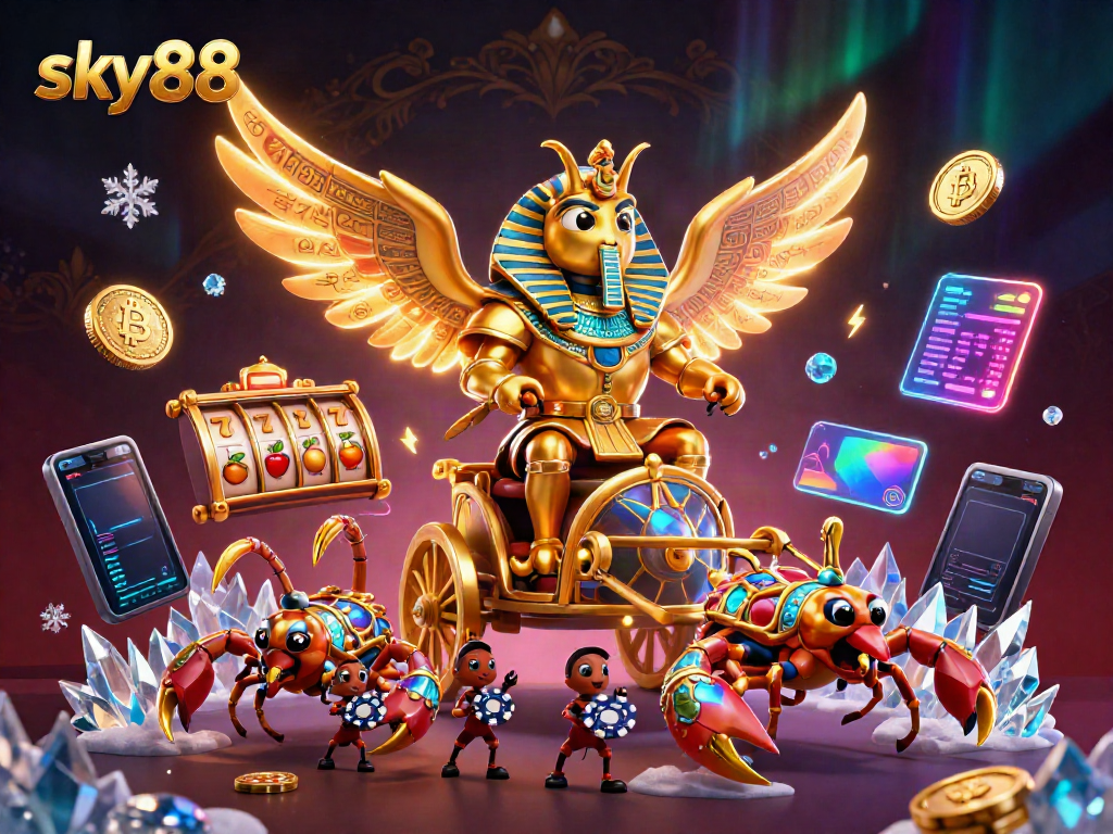 Engage with Sky88's thrilling slots scene featuring vibrant jackpot elements and unique 3D characters in action.