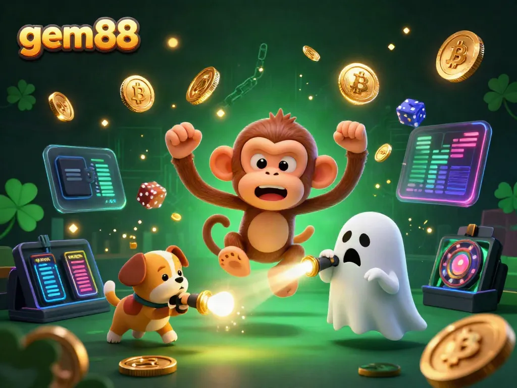 Explore the vibrant gaming atmosphere of gem88 with a playful poltergeist monkey in a haunted casino.