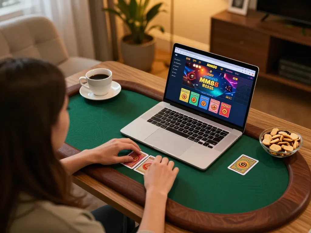 Player enjoying online casino gameplay with MM88, cozy setup showcasing strategic betting.