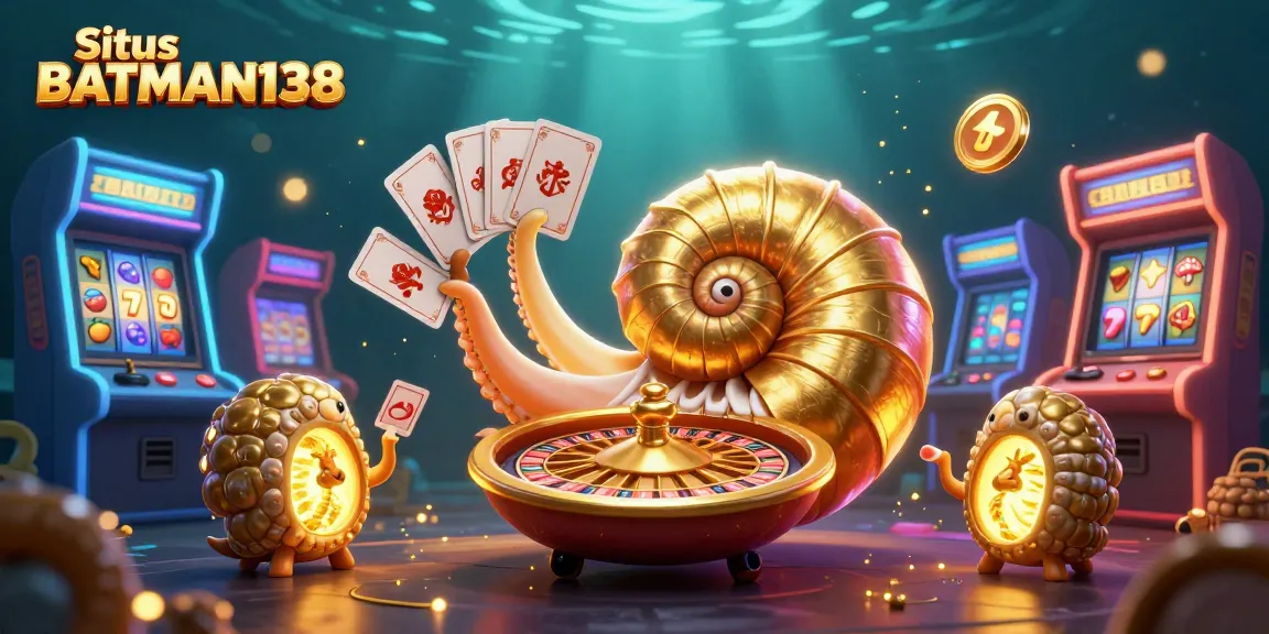 Situs BATMAN138 features an ancient nautilus roulette wheel surrounded by colorful arcade machines and slot elements in a dynamic gaming scene.