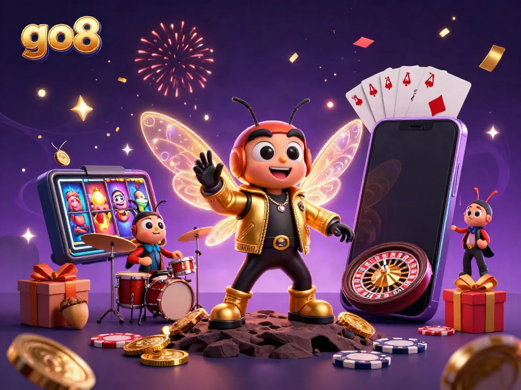 Experience electrifying fun at go8 with a cartoon cicada rock star leading a wild gaming celebration.