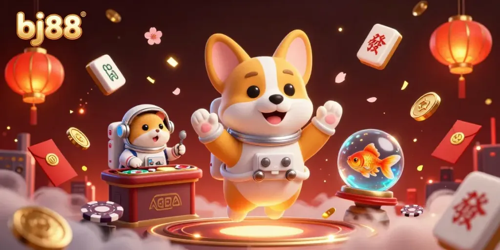 Engage with bj88 in a vibrant casino scene featuring a corgi astronaut and dynamic casino elements.