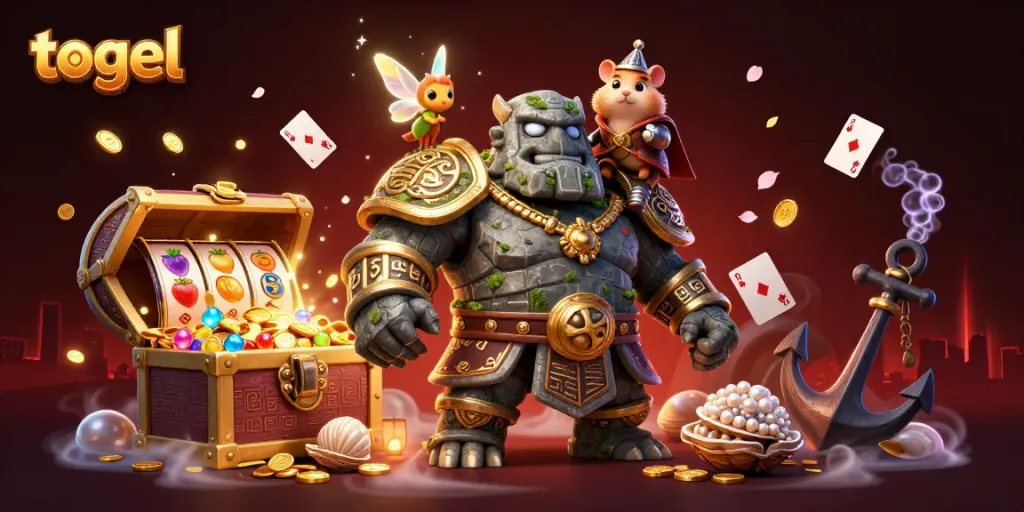 Engage in togel gameplay with vibrant characters, gold coins, and lively slot reels bursting all around.