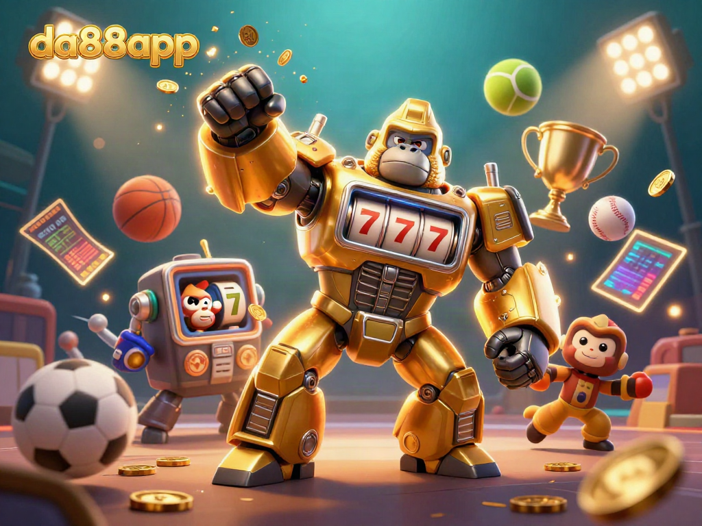 Experience the thrill of da88app with a vibrant 3D illustration of a golden gorilla mech amidst sports elements.