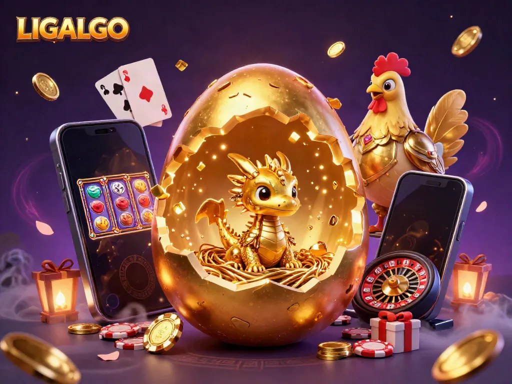 LIGALGO reveals a golden dragon among dynamic gaming elements, embodying casino excitement.