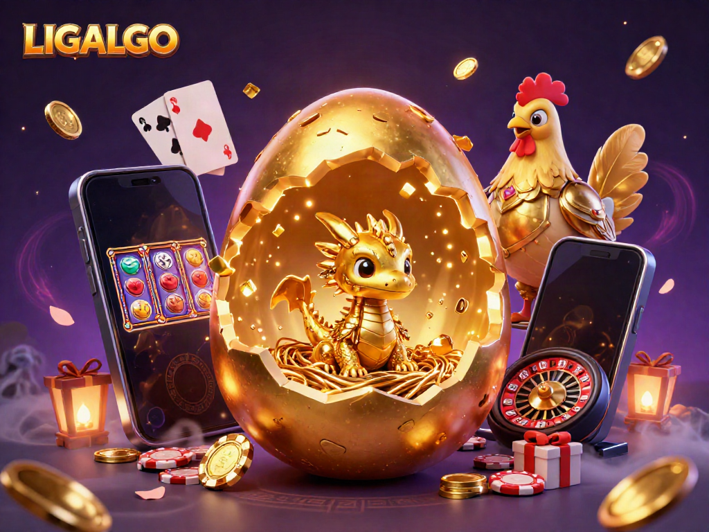 LIGALGO reveals a golden dragon among dynamic gaming elements, embodying casino excitement.