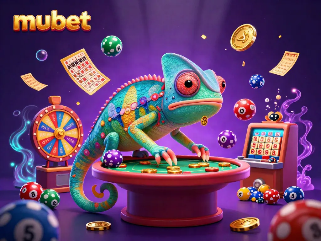 Experience the vibrant energy of mubet's casino world with a chameleon character capturing golden coins.