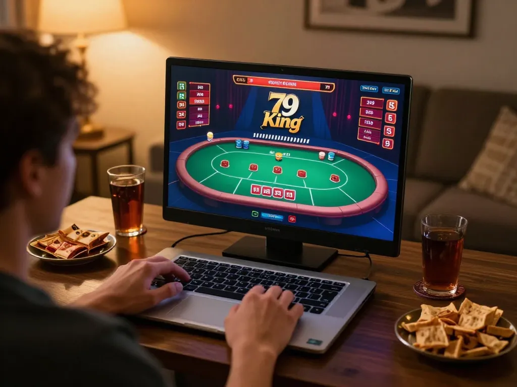 Engaging online gaming session at home with 79king logo displayed during live dealer poker game.