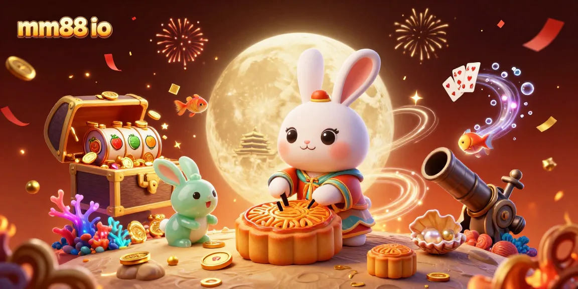 Spin winnings at mm88 io with a moon rabbit crafting golden mooncakes revealing poker chips.