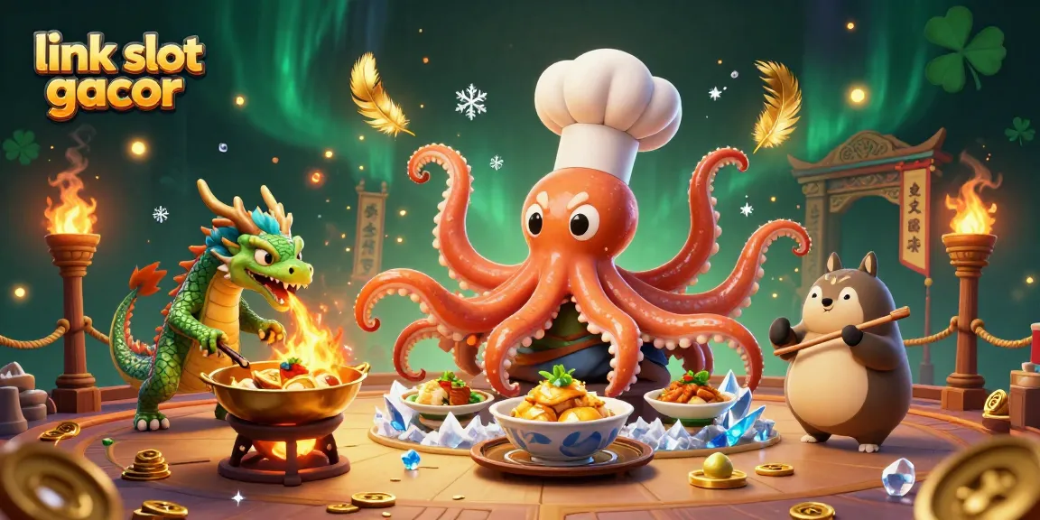 Experience excitement with link slot gacor as playful characters create winning dishes in a vibrant casino.