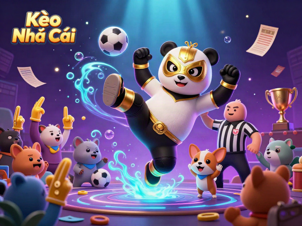 Kèo Nhà Cái thrills with a panda wrestler executing a kick amidst sports betting excitement.