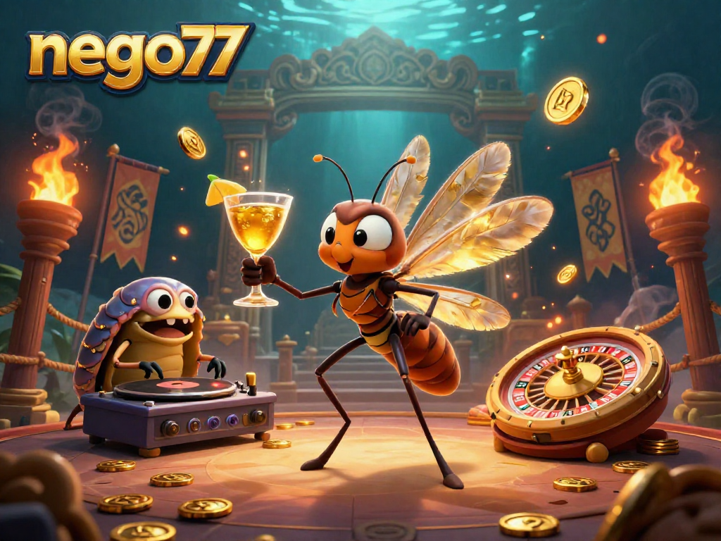 Experience the vibrant world of nego77 with a lively illustration of a casino mascot and DJ amidst rich gambling elements.