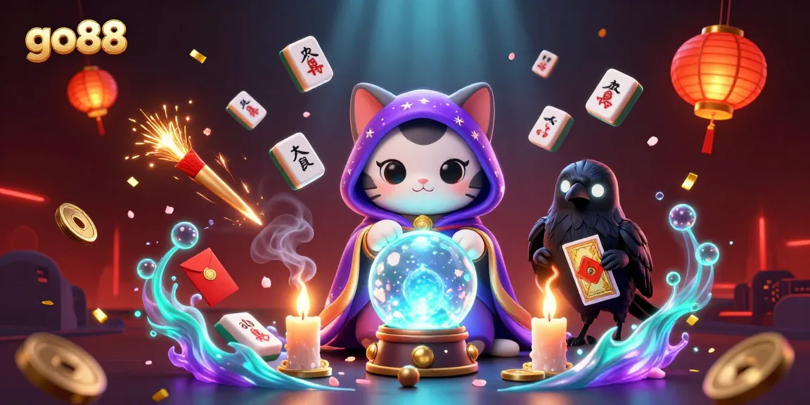 Go88 introduces thrilling gameplay with a mystical fortune teller cat and animated elements in a vibrant casino scene.