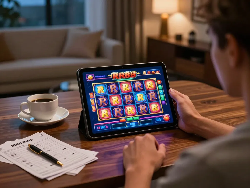Engaging RR88 gaming experience on a tablet in a stylish home setting.
