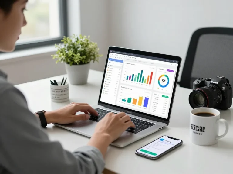 Ezzocard virtual payment review in modern office setting with charts and app notifications.