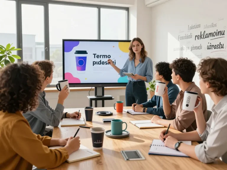 Individualūs kelioniniai puodeliai, rodantys termo puodeliai su reklaminiu užrašu profesionalioje komandos susitikimo aplinkoje.