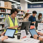 Engaging e-commerce shopping at rokok88 with diverse professionals selecting industrial tools and office supplies.