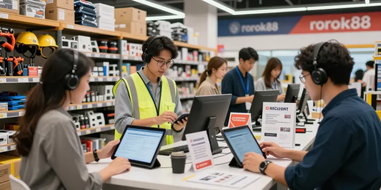 Engaging e-commerce shopping at rokok88 with diverse professionals selecting industrial tools and office supplies.