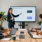 Team collaborating to build internal tools with AI in a modern office.