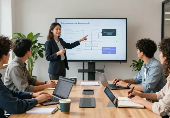 Team collaborating to build internal tools with AI in a modern office.