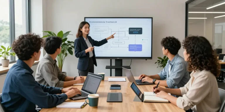 Team collaborating to build internal tools with AI in a modern office.