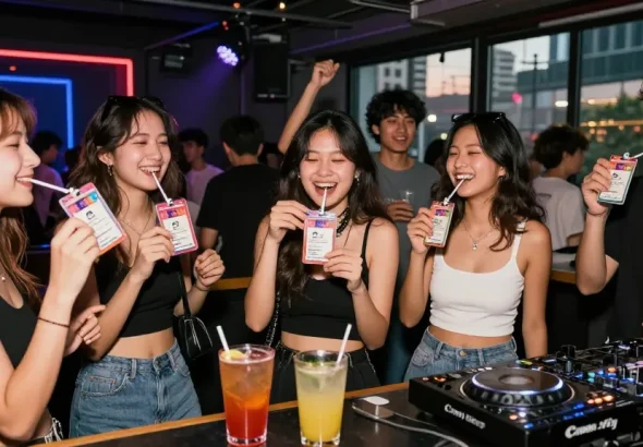 Exciting nightlife celebration with Club21id novelty IDs in a vibrant urban club setting.