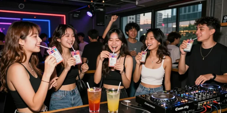 Exciting nightlife celebration with Club21id novelty IDs in a vibrant urban club setting.